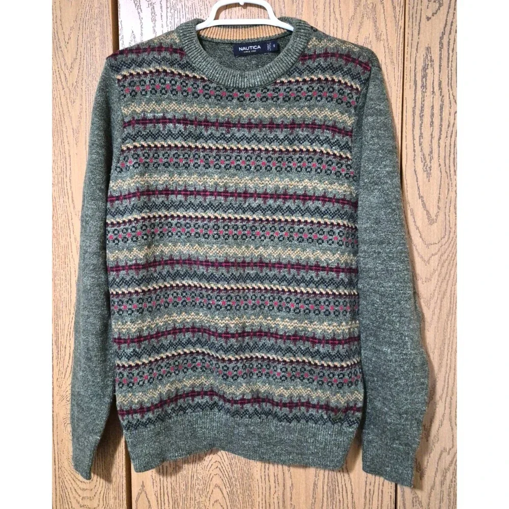 Nautica Men’s Green w/ Red Yellow Pattern Crewneck Cotton Sweater Size S